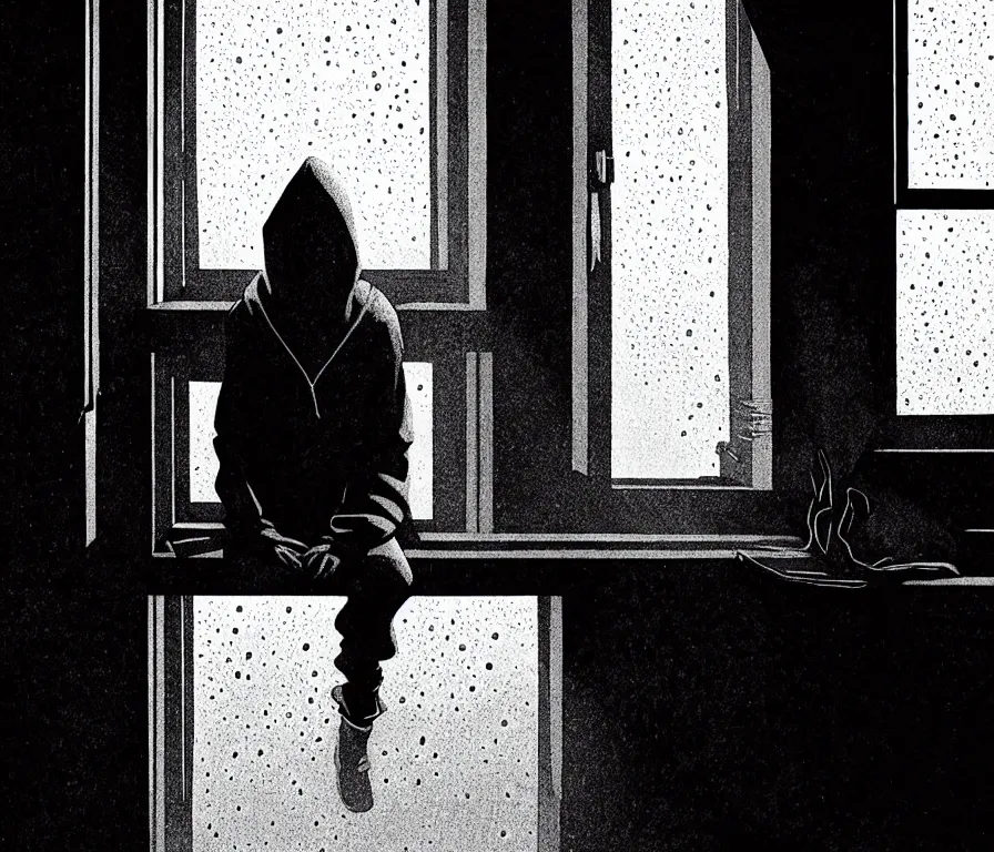 Image similar to sadie sink in hoodie sits on windowsill, knees tucked in | rain falls at night : storyboard, scifi cyberpunk, b & w. by gabriel hardman, joe alves, chris bonura. cinematic atmosphere, detailed and intricate, perfect anatomy