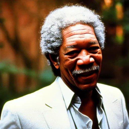 Image similar to a 1970s film still of Morgan Freeman dressed as a funk singer, 40mm lens, shallow depth of field, split lighting