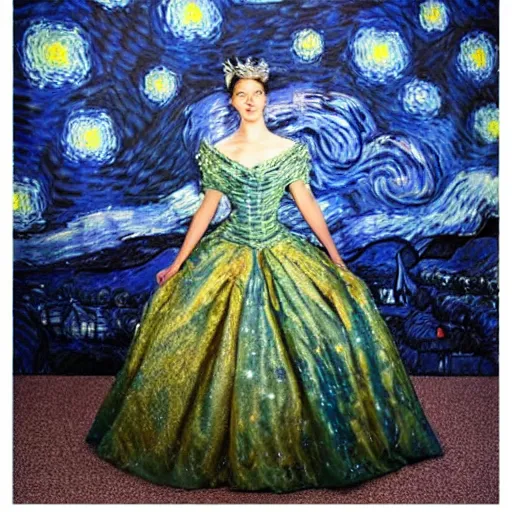 Image similar to Stunning photograph of a magnificent and extravagant ball gown designed after by Van Gogh's Starry Night. Fashion contest winning piece. Studio lighting