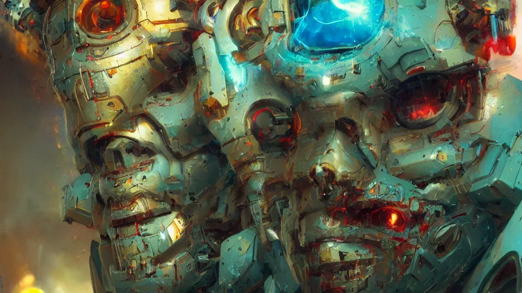 Image similar to a machine conjuring!!! an image!!! from of noise!!!, by john berkey, marc simonetti, and diego gisbert llorens, cinematic closeup!!, accurate facial details, colorful, intricate, chaotic, fantasy realism, hopeful, 8 k render, volumetric lighting