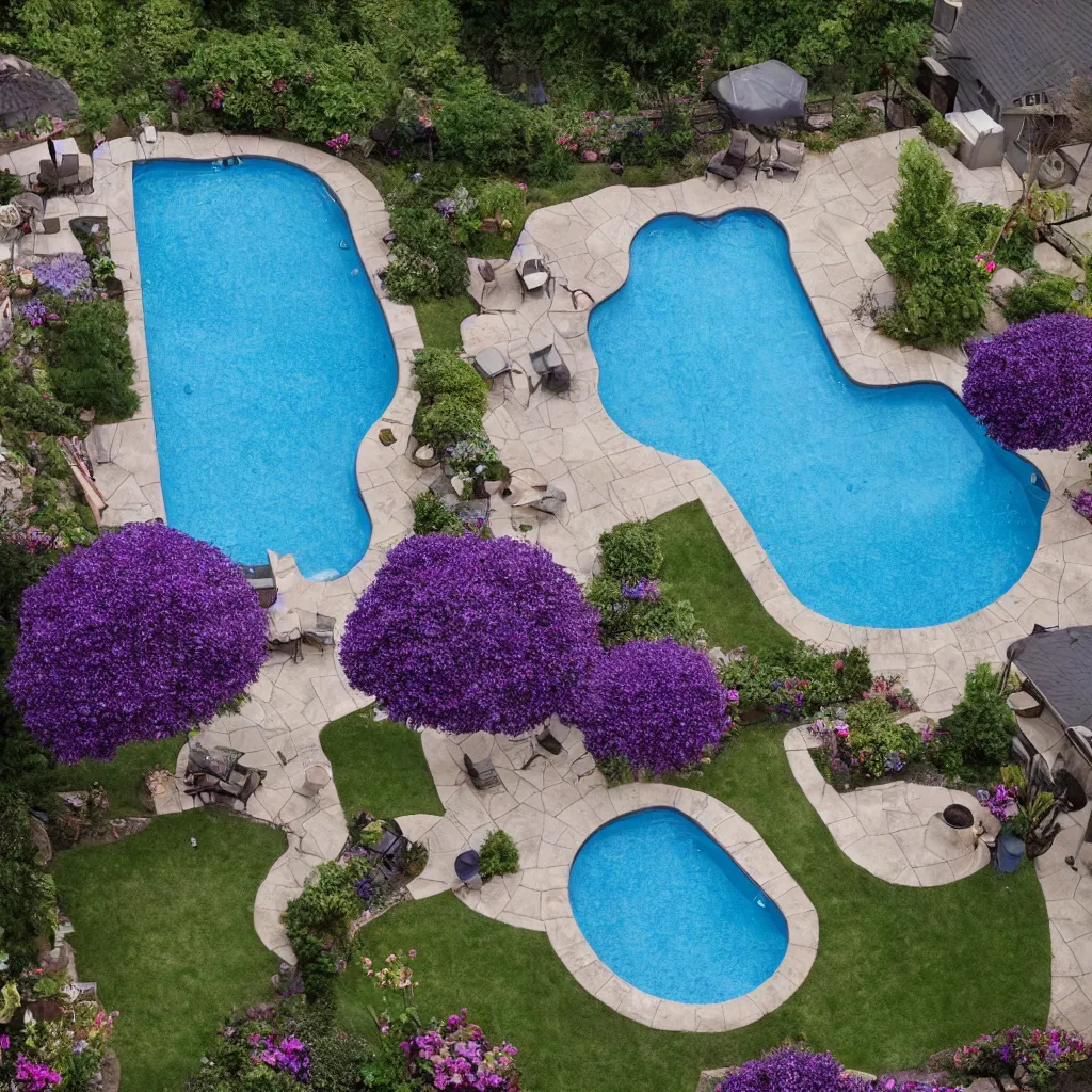 Prompt: suburban backyard with a pool of purple water, photograph by gregory crewdson