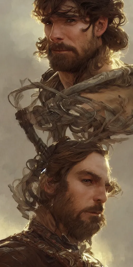 Image similar to portrait of a handsome, rugged ranger, D&D, fantasy, intricate, elegant, highly detailed, digital painting, artstation, concept art, smooth, sharp focus, illustration, art by artgerm and greg rutkowski and alphonse mucha