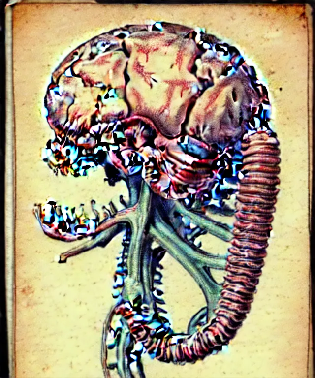 Prompt: hyper-detailed antique color pencil vintage medical illustration of Kaiju head cross-section, nautilus brain, ribcage, xhenomorph, with tentacles coming out of open mouth and exposed jaw bone, spinal column, cerebral corpus callosum, interventricular foramen, symmetrical, on weathered parchment paper