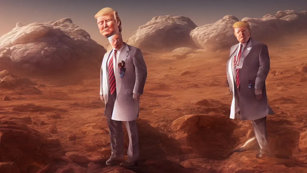 Image similar to realistic portrait of donald trump on mars, fantasy artwork, very very very beautiful scenery, hd, hdr, ue5, ue6, unreal engine 5, cinematic 4k wallpaper, 8k, ultra detailed, high resolution, artstation, award winning