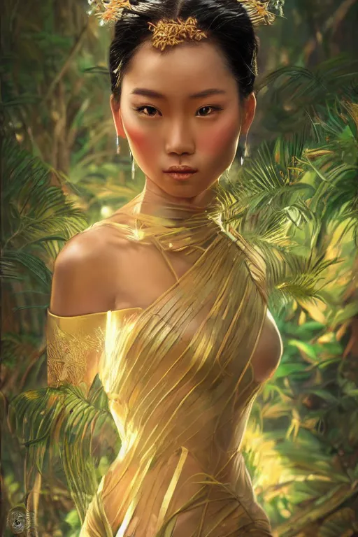 Image similar to stunningly beautiful, filipina geisha prima ballerina in jungle, symmetrical face, golden hour, smooth, focus, highly detailed, hyper realistic, dramatic lighting, elegant, intricate, concept art, art by wlop, mars ravelo, greg rutowski, artstation