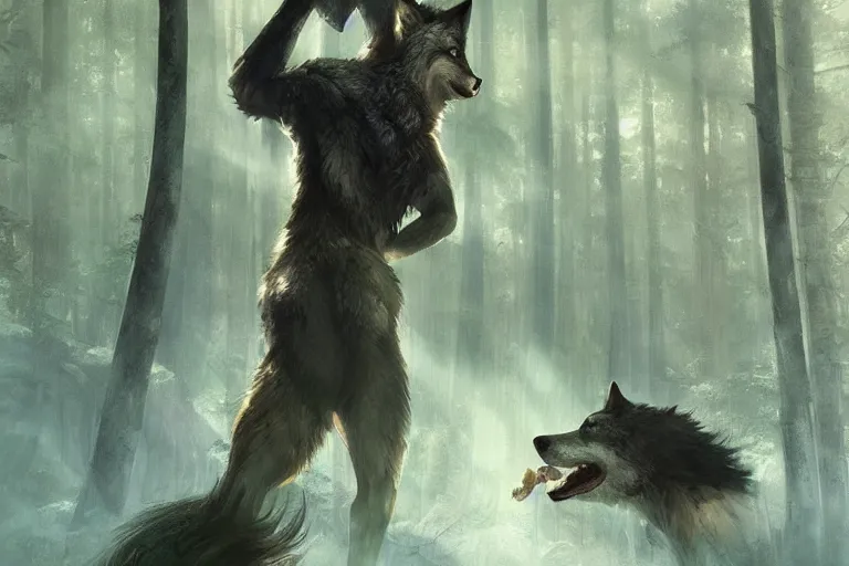 Prompt: wolf in the forest, stylized, sunlit, paint texture, digital painting, highly detailed, artstation, sharp focus, illustration, concept art, ruan jia, charlie bowater, tom bagshaw, norman rockwell