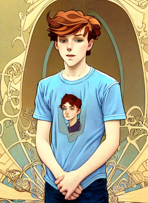 Image similar to art nouveau portrait of a teen boy with completely straight auburn hair, light blue eyes, pale skin, freckles, sad expression, t - shirt, modern casual clothing, natural lighting, path traced, highly detailed, high quality, cartoon, digital painting, by don bluth and ross tran and studio ghibli and alphonse mucha