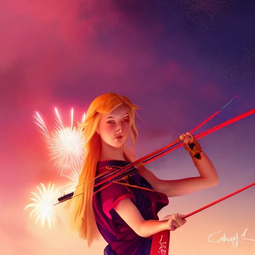 Image similar to colorful and festive captivating teenager girl with blonde hair, red japanese traditional clothes, shooting a firework with bow and arrow at the sky. rich vivid colors, ambient lighting, dynamic lighting, 4 k, atmospheric lighting, painted, intricate, highly detailed by charlie bowater