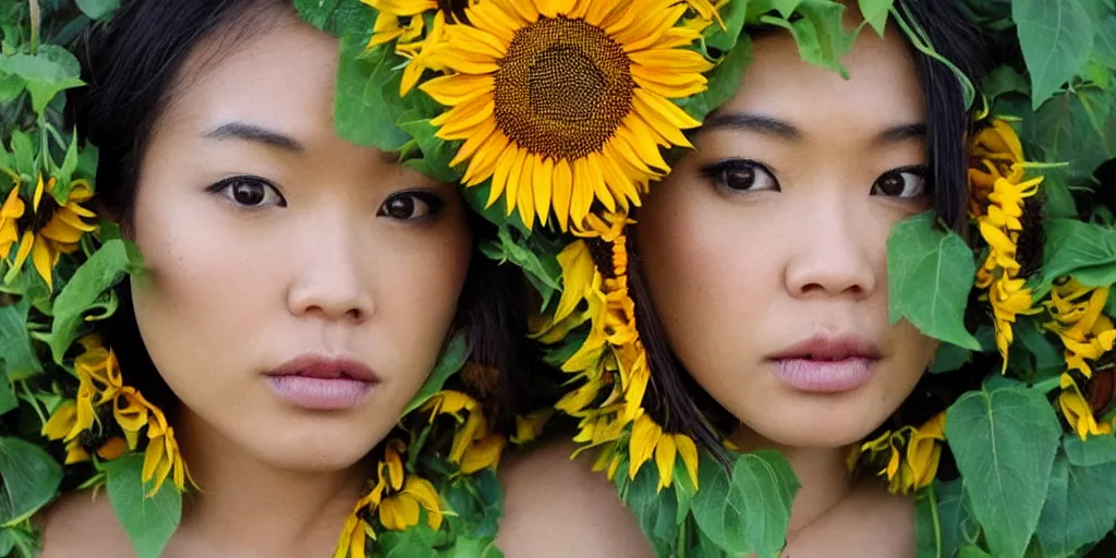 Prompt: queen of sunflowers, crown of vines, asian eyes + blue skin