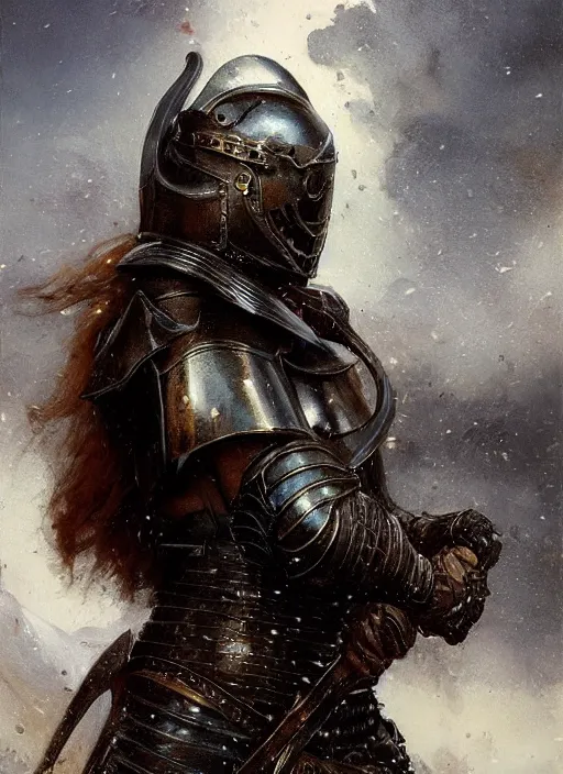 Image similar to young smiling redhead wearing black medieval armour, detailed, by gaston bussiere, bayard wu, greg rutkowski, giger, maxim verehin, greg rutkowski, masterpiece, sharp focus, cinematic lightning