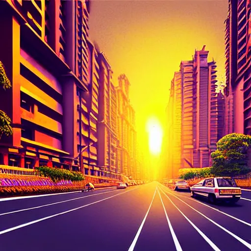 Image similar to mumbai in the future, city streets, golden hour, perspective artwork, photorealism