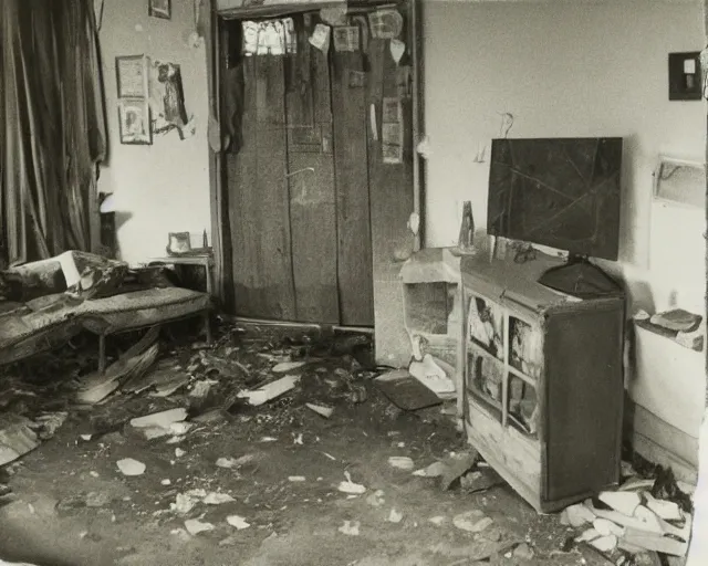 Prompt: An award winning photo of 1970's living room abandoned 6 months ago, water damages 4k, color Polaroid photo