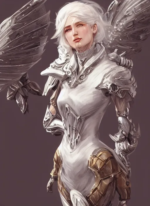 Image similar to a highly detailed illustration of white haired pale lady wearing dieselpunk armor dress with iron wings, dramatic floating pose, intricate, elegant, highly detailed, centered, digital painting, artstation, concept art, smooth, sharp focus, league of legends concept art, wlop