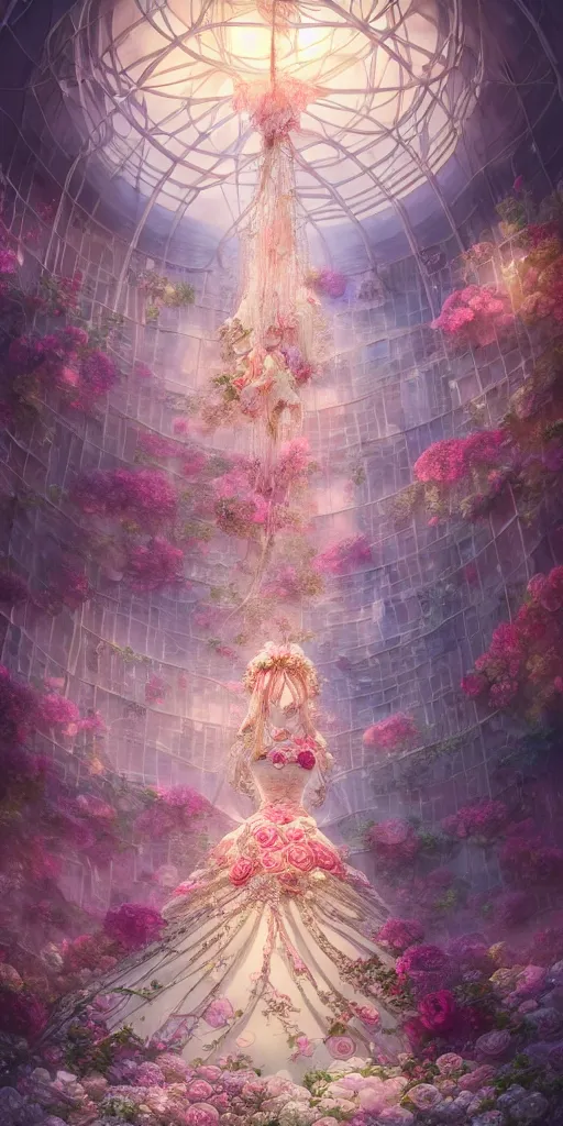 Image similar to the beautiful hyper detailed of a rose wedding gothic lolita dress clothing design display in exhibition hall, exhibition hall lighting, in the style of makoto shinkai victo ngai and peter mohrbacher studio ghibli artgerm karol bak beeple, animation style, 8 k hd, dream, animation style, 3 drender, hyperdetailed