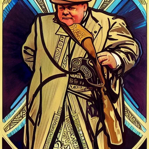 Image similar to alphonse mucha portrait of Winston Churchill as the God of War, smoking a cigar, detailed, stylized, realistic, deep hues, cool tones, dark, strong