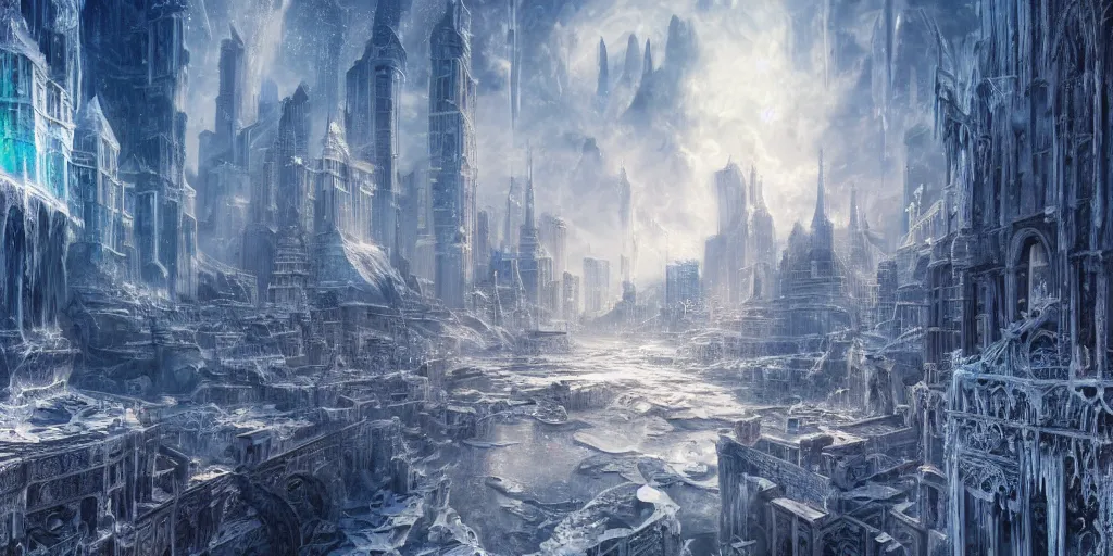 Prompt: a professional photographic view picture of a city made of ice ,photographic filter unreal engine 5 realistic hyperdetailed 8k ultradetail cinematic concept art volumetric lighting, fantasy artwork, very beautiful scenery, very realistic painting effect, hd, hdr, cinematic 4k wallpaper, 8k, ultra detailed, high resolution, artstation trending on artstation in the style of Albert Dros glowing rich colors powerful imagery