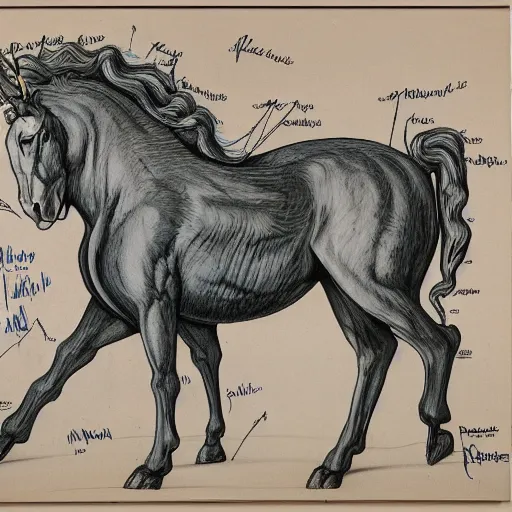 Prompt: anatomic picture of a unicorn with organs signed, circa 1 9 7 9