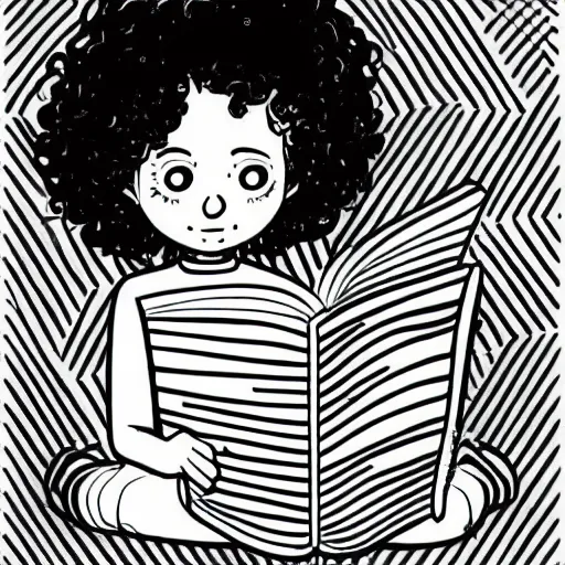 Image similar to clean simple line art of a little girl with wavy curly hair reading a book. white background. well composed, clean black and white line drawing, beautiful detailed face. illustration by josan gonzalez and steve ditko and greg rutkowski