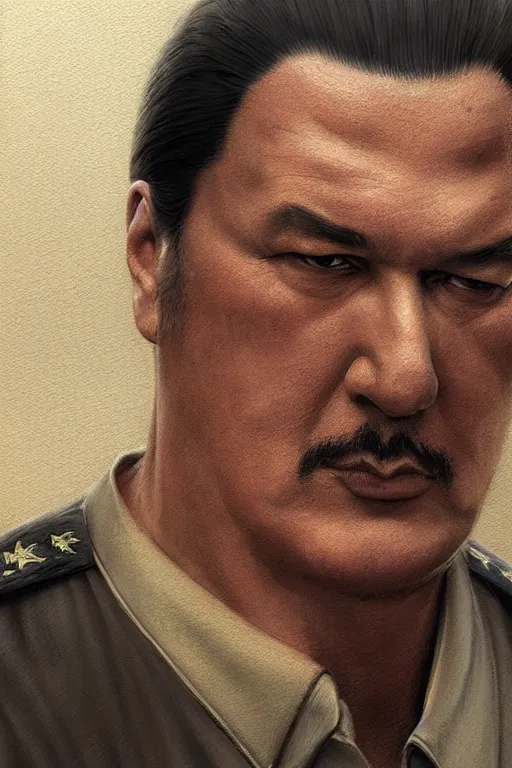 Image similar to sad steven seagal in prison, intricate, highly detailed, digital painting, artstation, concept art, smooth, sharp focus, illustration, art by greg rutkowski, patriotic