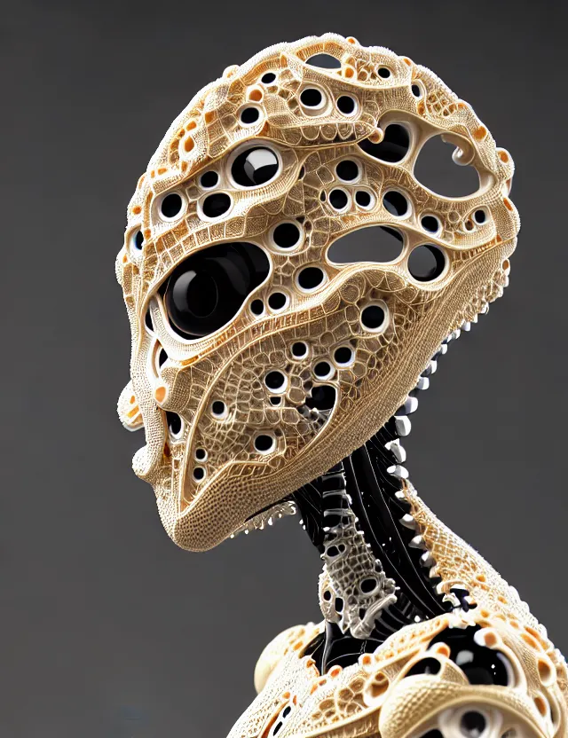 Prompt: complex 3 d render of a beautiful porcelain robot - frog woman face, white gold and black, fractal veins. dragon cyborg, 1 5 0 mm, beautiful natural soft light, rim light, gold fractal details, fine lace, mandelbrot fractal, anatomical, glass, facial muscles, elegant, ultra detailed, metallic armor, octane render, depth of field