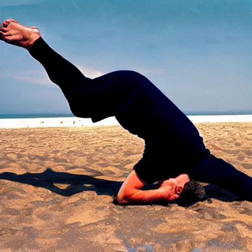 Image similar to benjamin netanyahu doing a headstand at the beach, rich colors, warm, summer