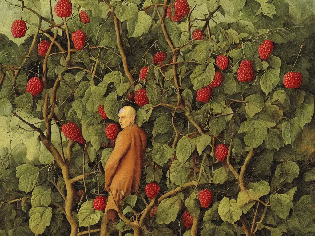 Image similar to perfect young man hiding between wild thorns and raspberries. Shadows loom over the land. Painting by Bosch, Bekinski.