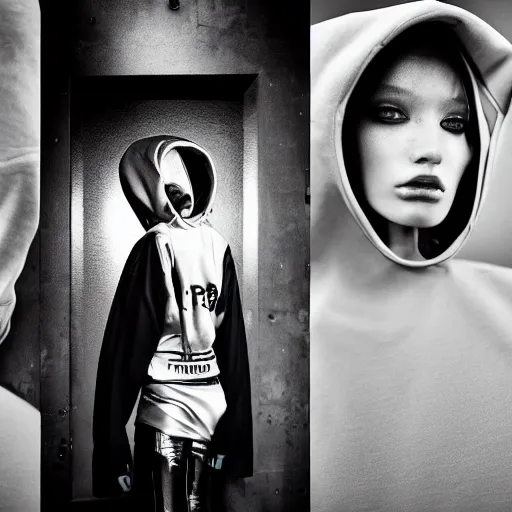 Image similar to fashion photography of an extraterrestrial model, wearing futuristic hip - hop streetwear fashion, inside berghain, berlin fashion, futuristic fashion, photo 3 5 mm leica, hyperdetail, hoodie, 8 k, very detailed, black and white