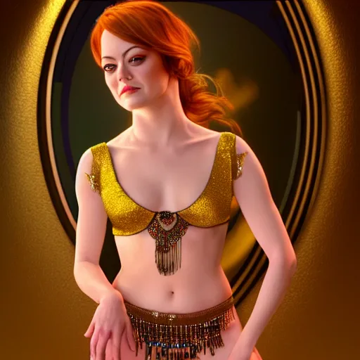 Image similar to a photorealistic portrait of actress emma stone dressed as a belly dancer, arabian night, volumetric lightening, octane render, high quality, fully detailed, 4 k, in focus sharp face with fine details, realistic hands and anatomical composition, inspired by belly dancer on youtube, alphonse mucha, masterpiece, stunning