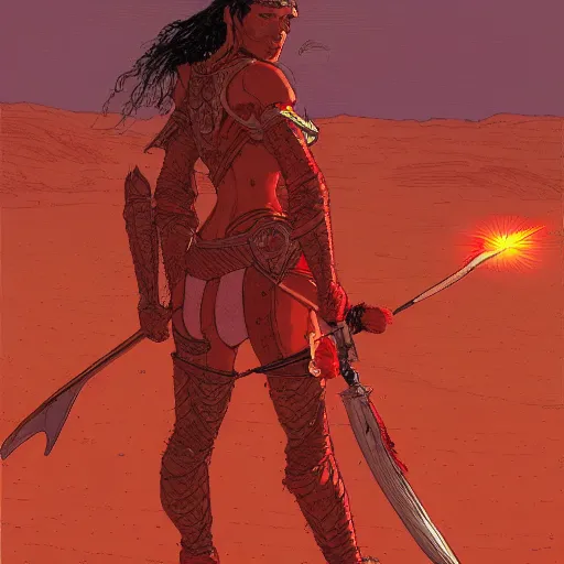 Image similar to warrior princess with red armor in the desert by night, moebius, Jean Giraud, landscape, epic, artstation, dusk