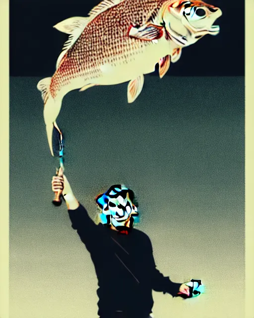 Image similar to photograph of leonardo dicaprio holding a carp in his both hands. movie poster, illustration by bartek fedyczak, erak note, tooth wu, neil richards, kan liu, siwoo kim, jisu choe, trending on art station