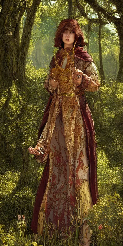 Prompt: forest healer medic archer rpg masterpiece female, charles vess, gold silk intricate stitched patterned clothes, klimt, hyperealistic, hdri lighting, octane