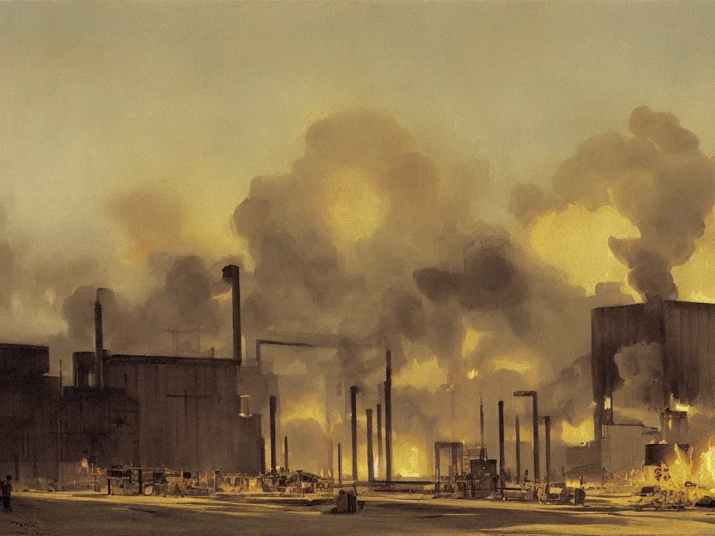 Image similar to a painting of an explosion in a factory by peter ilsted