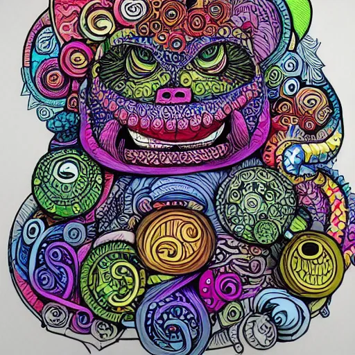 Prompt: colorful monster doodle art, intricate, kerby rosanes, white background