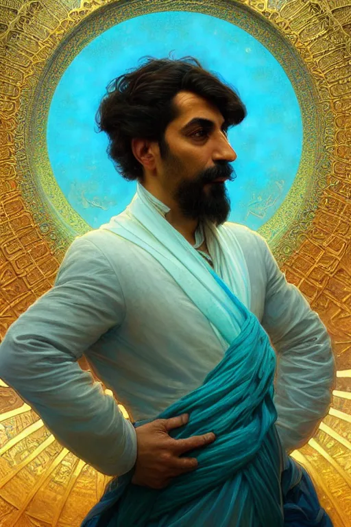 Image similar to portrait of a Persian architect and astronomer, handsome man, heroic pose, Turquoise colors, dramatic lighting, volumetric lighting, intricate, highly detailed, digital painting, artstation, concept art, smooth, sharp focus, illustration, art by artgerm and greg rutkowski and alphonse mucha, footage from space camera