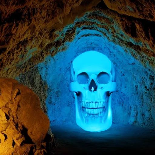 Image similar to a large translucent skull blocking the entrance to a cave emanating a blue glow, subsurface scattering, volumetric light, caustic reflection, adventure mystery cave