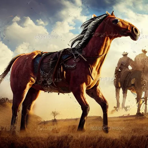 Image similar to cyborg horse with cowboy hat, post-apocalyptic background, portrait