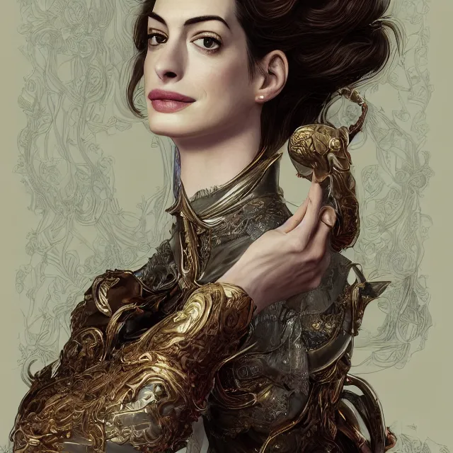 Image similar to the portrait of the lawful good alignment personified as anne hathaway, absurdly beautiful, graceful, elegant, sophisticated, young woman, an ultrafine hyperdetailed illustration by kim jung gi, irakli nadar, intricate linework, bright colors, octopath traveler, final fantasy, unreal engine 5 highly rendered, global illumination, radiant light, detailed and intricate environment