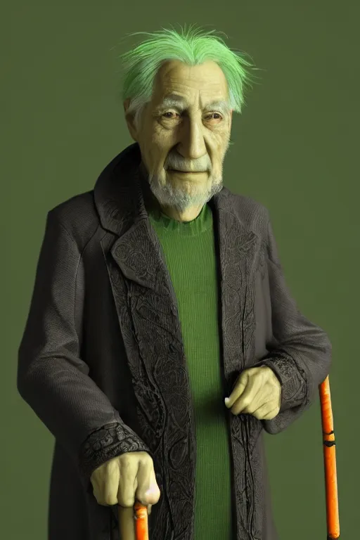 Image similar to portrait of an old man wearing layered black clothes with an elaborate walking stick that emits a soft green glow from an emerald at the top in an orange environment, Atmosphere. Realistic. Concept art. V-ray. Ultra HD. 8K. Sharp details. 50mm. f/3.5.