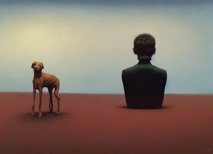 Image similar to portrait of a man and his dog, highly detailed, science fiction, Edward Hopper and James Gilleard, Zdzislaw Beksinski highly detailed