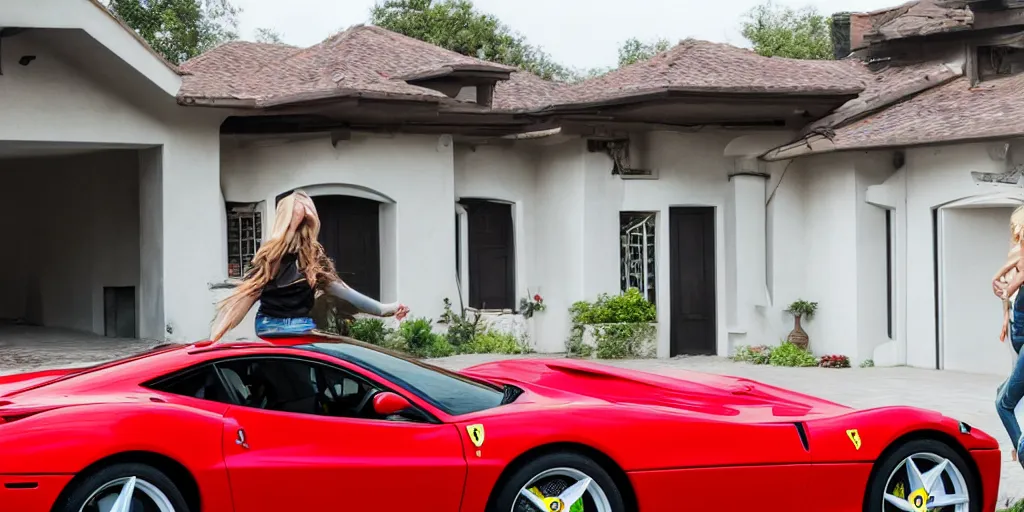 Prompt: a stunning photograph of a ferrari in front of a beautiful house with a girl next to the car singing, car lights on, 8 k, natural lighting