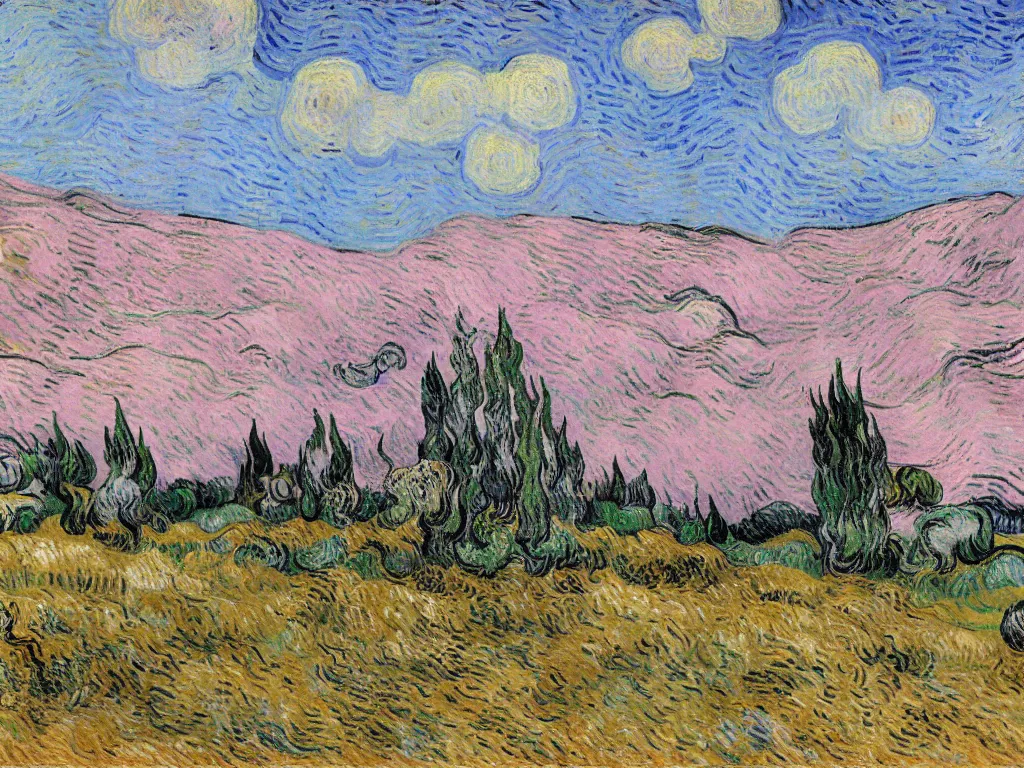 Prompt: pink wheat field and cypresses by van gogh