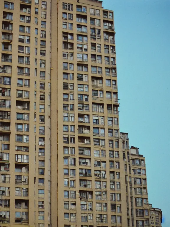 Prompt: soviet panel apartment building photo, extreme wide shot, golden hour, kodak gold 2 0 0, side - view