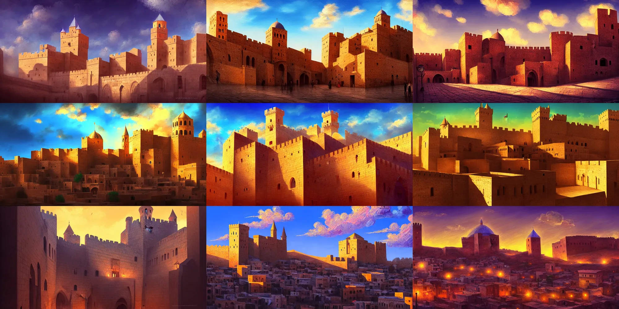 Image similar to mardin old town castle, digital oil painting, colorful, high contrast, clear sky, volumetric lighting, atmospheric, ghibli, deviantart, cgsociety, artstation, fujifilm