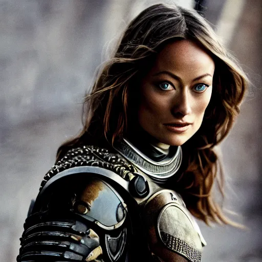 Image similar to beautiful portrait of Olivia Wilde, clothed in military armor, 35mm, cinematic atmosphere, photorealistic, depth of field, from StarCraft, style of irwing penn and steve mccurry