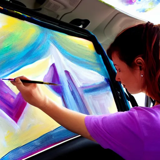 Prompt: an nft artist painting the inside of her car h 6 4 0