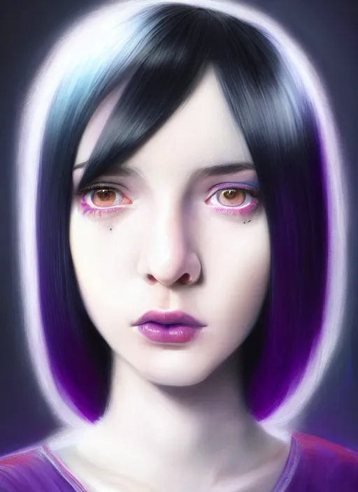 Image similar to portrait of teenage girl with white bangs, red irises, black hair, purple clothes, white bangs, bangs are different color from hair, intricate, front of hair is white rest is black, elegant, glowing lights, highly detailed, digital painting, artstation, concept art, smooth, sharp focus, illustration, art by wlop, mars ravelo and greg rutkowski