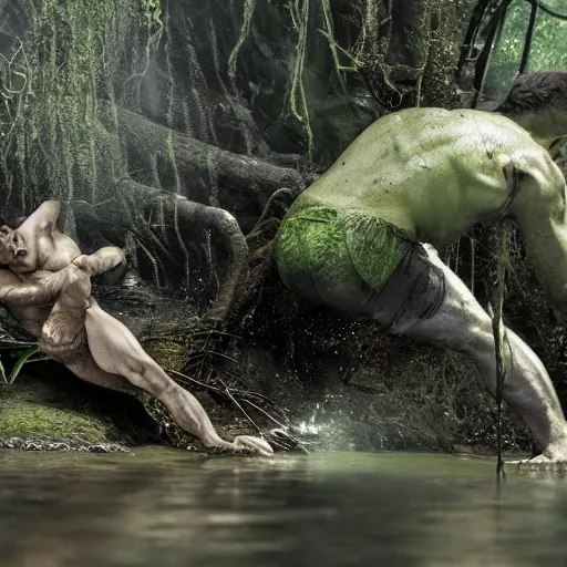 Prompt: Zelenskiy fights gollum on swamp, thunderstorn, realistic , 8k,