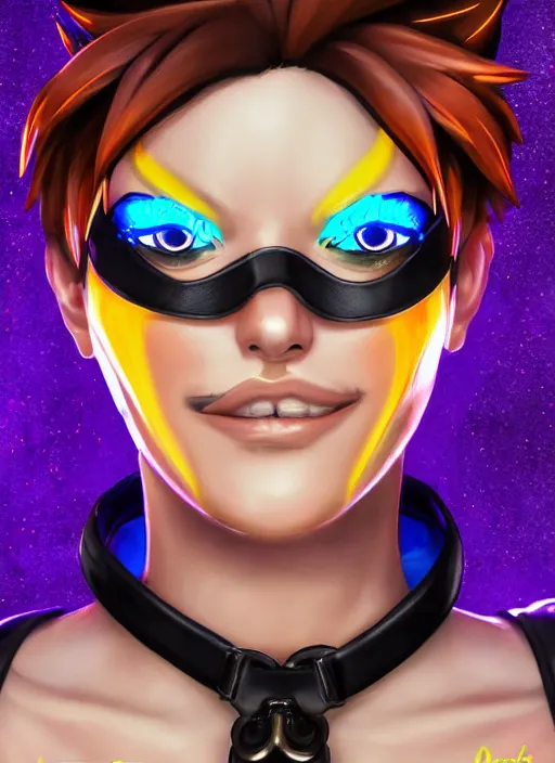 Image similar to portrait bust digital artwork of tracer overwatch, wearing black iridescent rainbow latex tank top, 4 k, expressive happy smug expression, makeup, in style of mark arian, angel wings, wearing detailed black leather collar, chains, black leather harness, detailed face and eyes,