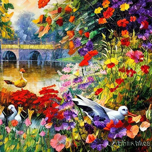 Image similar to flowers and ducks by arthur adams, john stephens, leonid afremov, chiho ashima, karol bak, david bates