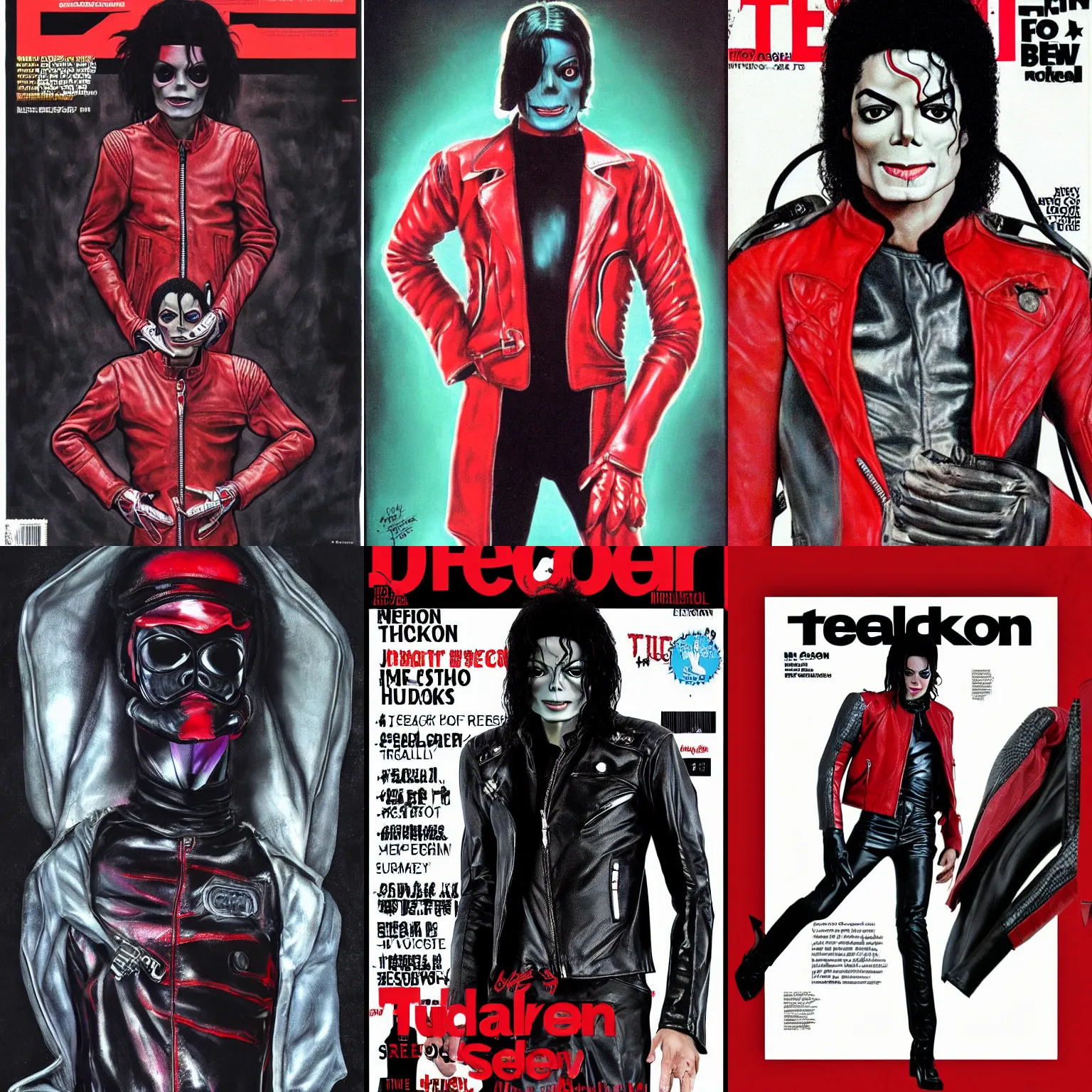 Prompt: michael jackson as a sectoid, grey alien, huge black bulbous eyes. wearing the red leather motorcycle jacket from thriller, cyberpunk, digital illustration. fashion magazine cover. gen logo